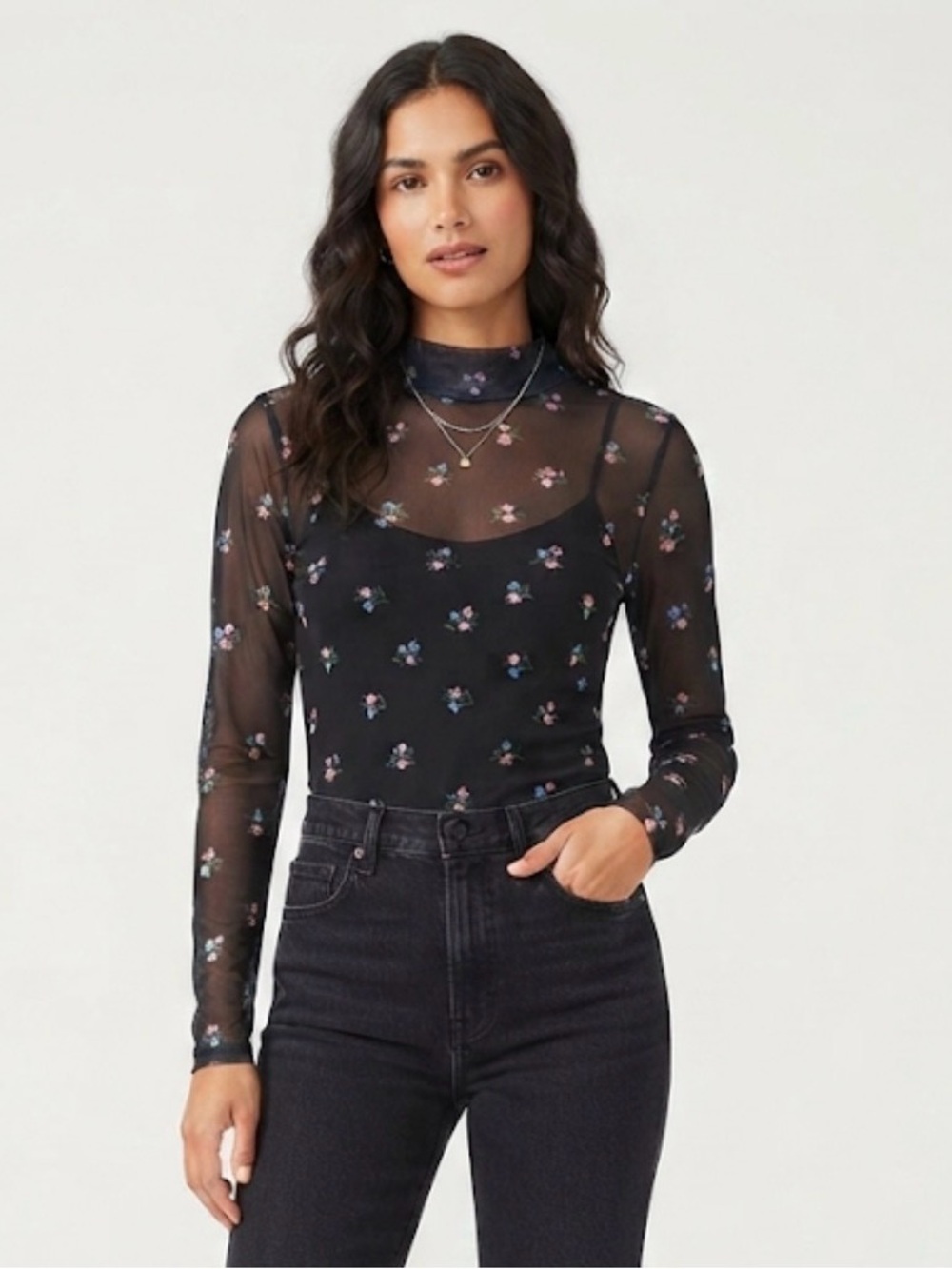WAYF Black Floral Mesh Mock Neck Long Sleeve Top Size Large